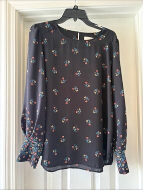 Loft Black Floral Large Long-Sleeve Blouse